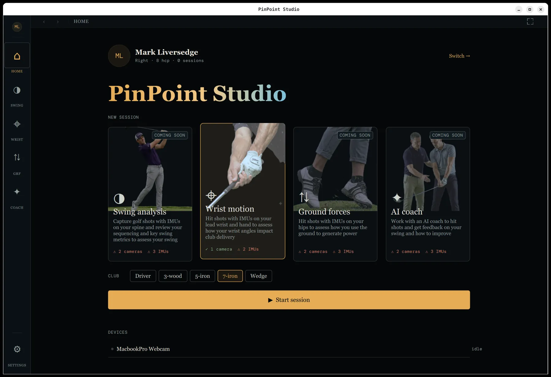 PinPoint Studio home screen — choosing a player, club and analysis mode to start a session.