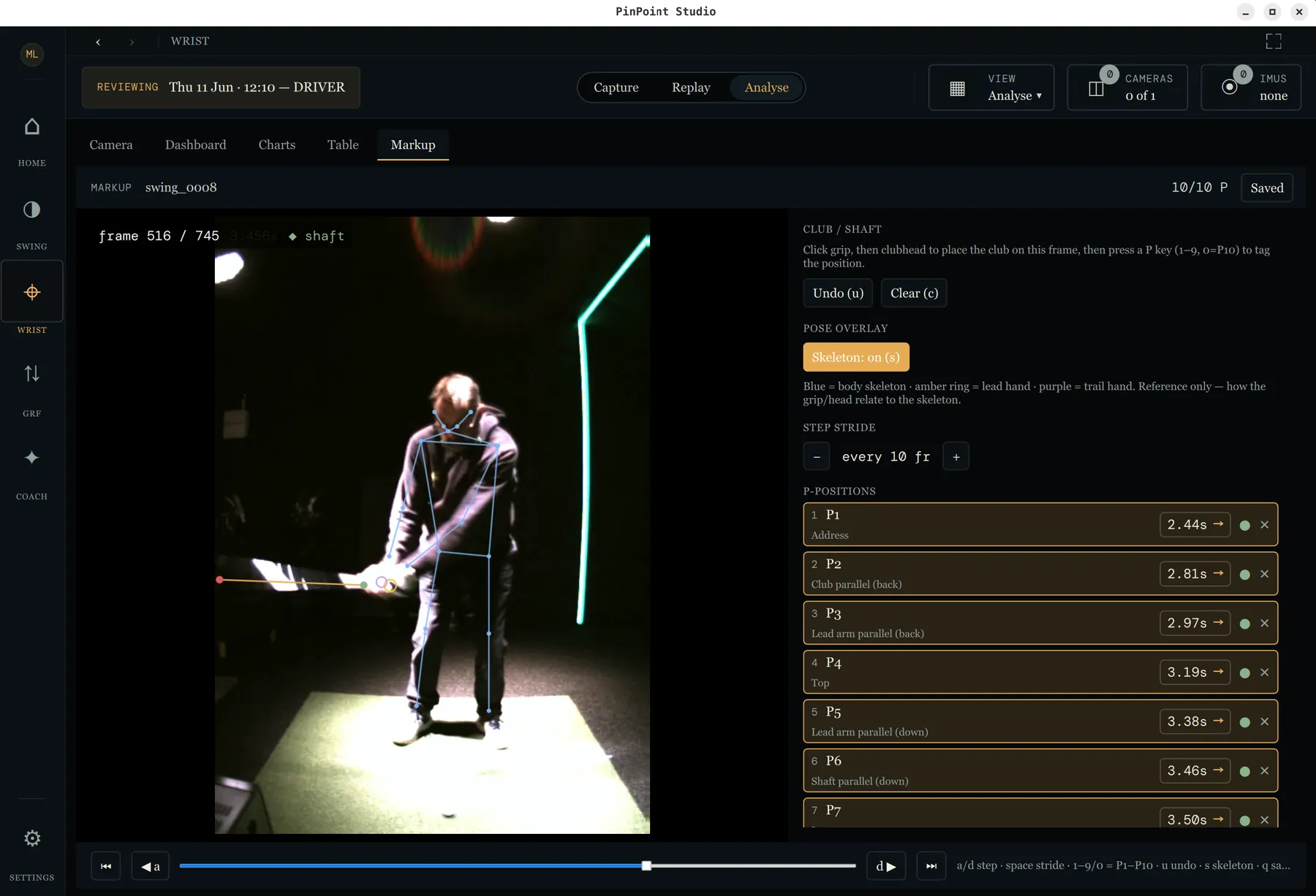 PinPoint Studio markup — annotating swing positions by hand for validation.