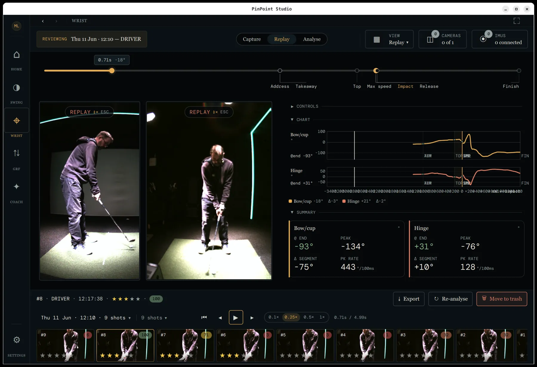 PinPoint Studio replay — a captured swing played back beside its wrist metrics.