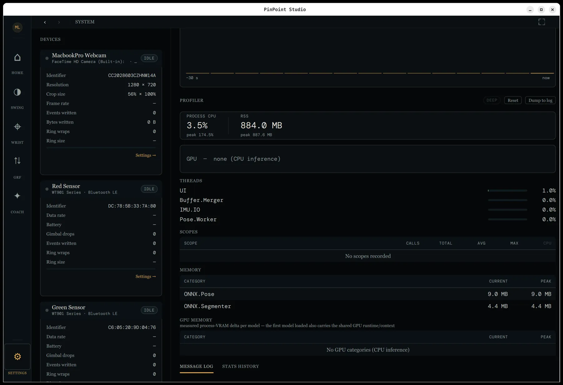 PinPoint Studio system view — built-in performance profiler showing CPU, memory, threads and per-model GPU use.